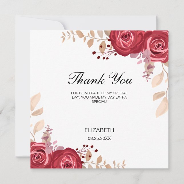 Chic Maroon Rose Floral Greenery Birthday Thank You Card (Front)