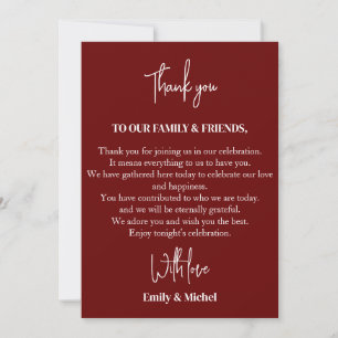 Chic Maroon Sienna Wedding Reception Table  Thank You Card