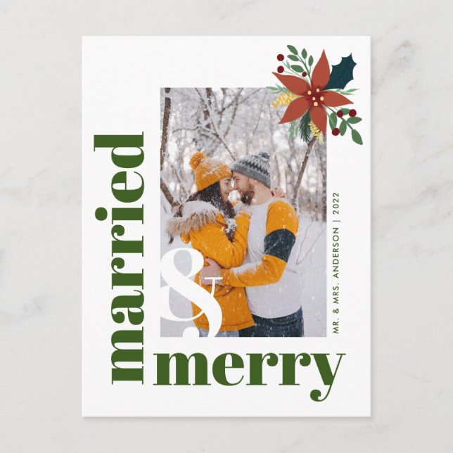 Chic Married and Merry Photo Christmas Poinsettia  Postcard (Front)