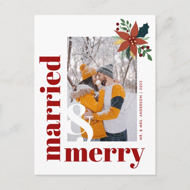 Chic Married and Merry Photo Christmas Poinsettia Postcard (Front)