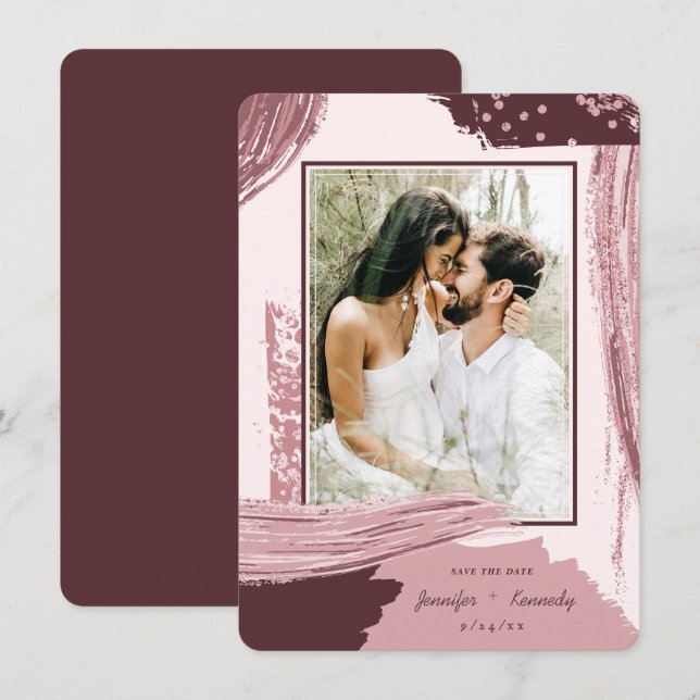 Chic Marsala Abstract Paint Brush Strokes Photo Save The Date (Front/Back)