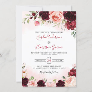 Chic Marsala Blush Burgundy Floral wedding Invitation