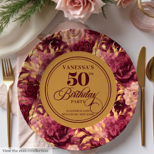 Chic Marsala Blush Gold Flowers 50th Birthday Paper Plate