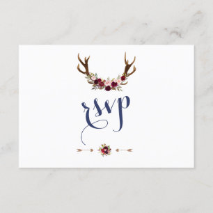 Chic Marsala Floral Antlers Navy Blue Wedding RSVP Card