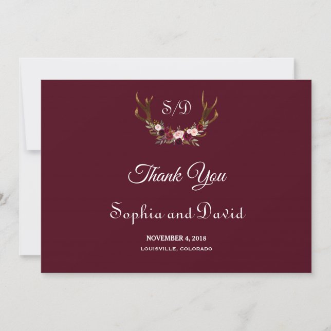 Chic Marsala Floral Antlers Wedding Thank you (Front)