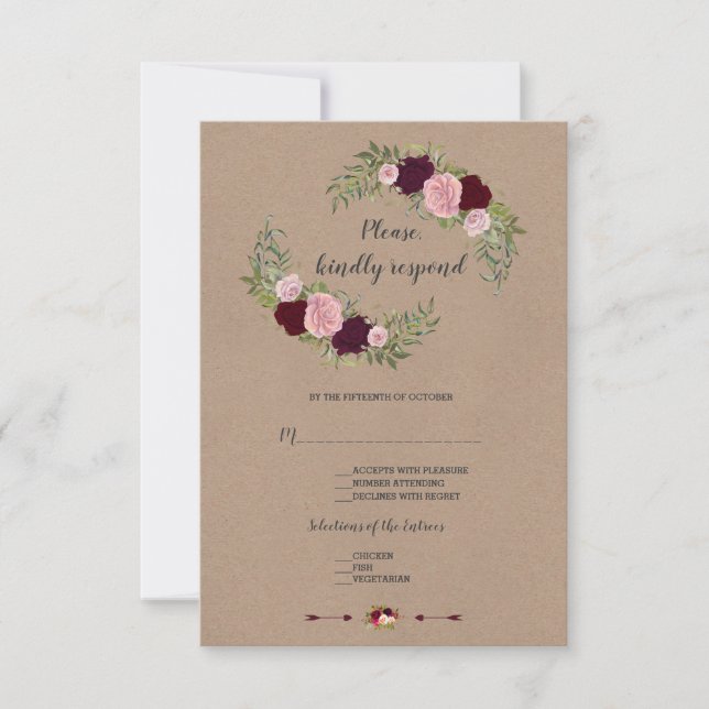 Chic Marsala Floral Craft Paper Wedding RSVP (Front)