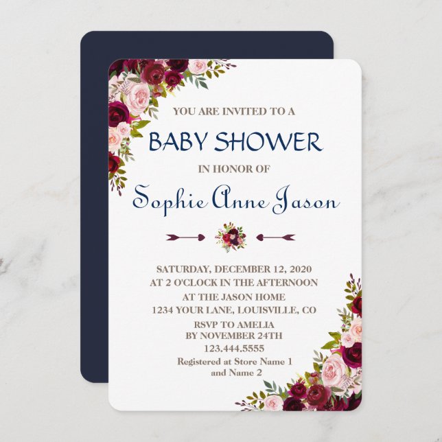 Chic Marsala Floral Fall Navy Blue Baby Shower Invitation (Front/Back)