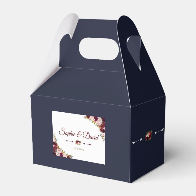 Chic Marsala Floral Fall Navy Blue Wedding Favor Box (Front Side)