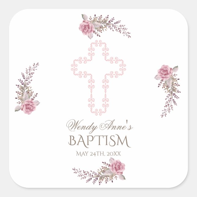Chic Marsala Maroon Floral Girl Christening Square Sticker (Front)