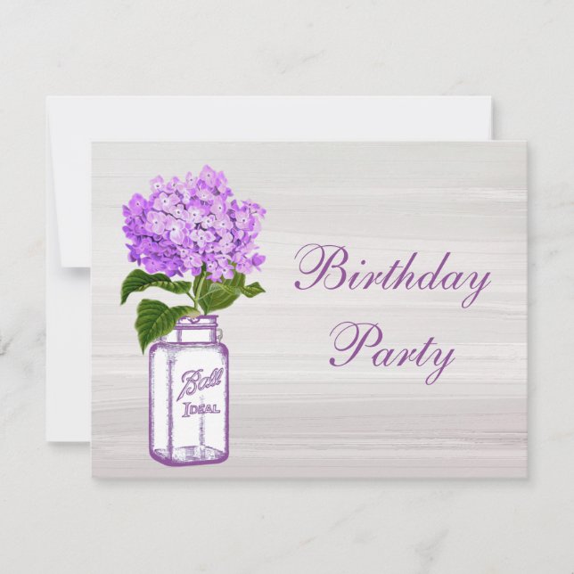 Chic Mason Jar & Purple Hydrangea Birthday Party Invitation (Front)