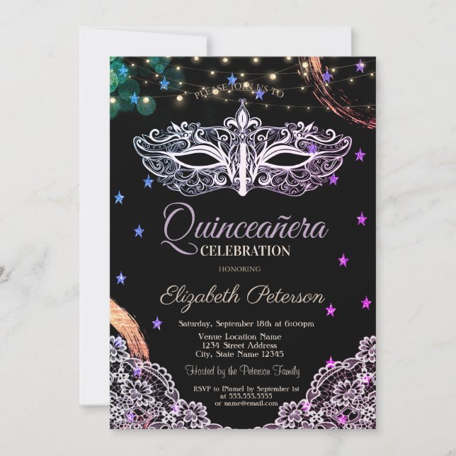 Chic Masque,String Lights,Lace,Stars Quinceañera Invitation (Front)