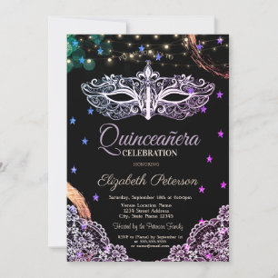 Chic Masque,String Lights,Lace,Stars Quinceañera Invitation