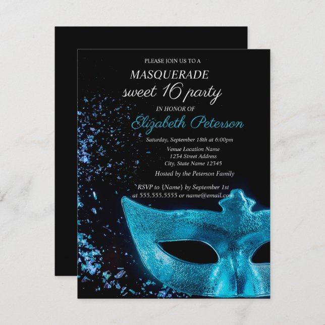 Chic Masquerade Blue Masque Black Sweet 16 Invitation (Front/Back)