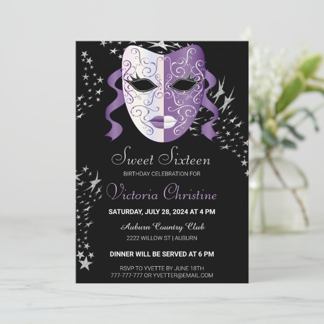 Chic Masquerade Carnival Birthday Invitation (Standing Front)