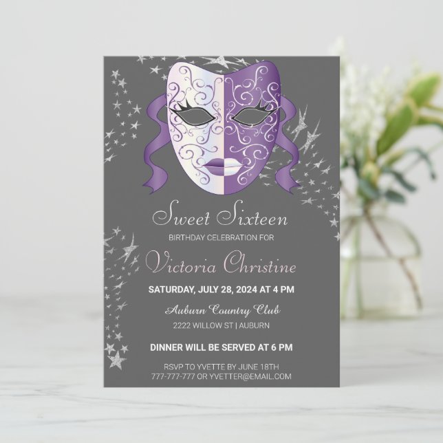Chic Masquerade Carnival Birthday Invitation (Standing Front)