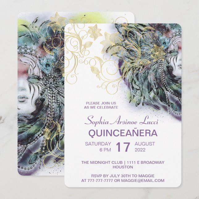 Chic Masquerade Gold Quinceañera Party Invitation (Devant / Derrière)