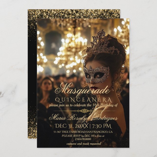 Chic Masquerade gold Quinceanera Photo Invitation (Front/Back)