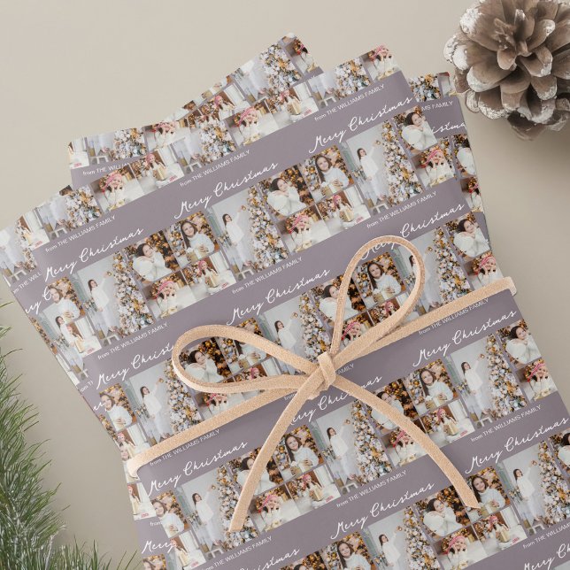 Chic Mauve Christmas Family Photo Collage Wrapping Paper Sheet (Creator Uploaded)