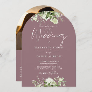 Chic Mauve Greenery QR Code Photo Arch Wedding Invitation