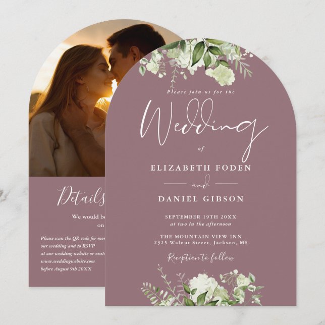 Chic Mauve Greenery QR Code Photo Arch Wedding Invitation (Front/Back)