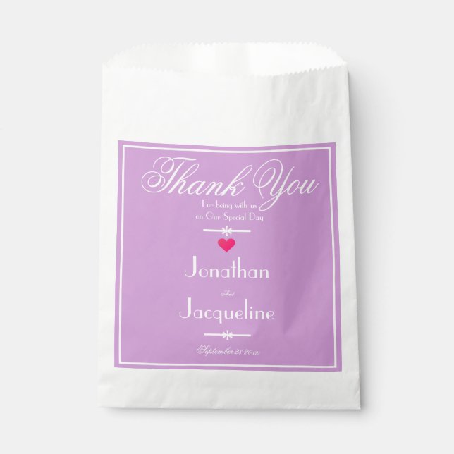 Chic Mauve Wedding White Script Names Thank You Favour Bag (Front)
