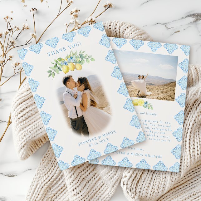 Chic Mediterranean Blue Tile Lemon Wedding Photo Thank You Card (Creator Uploaded)