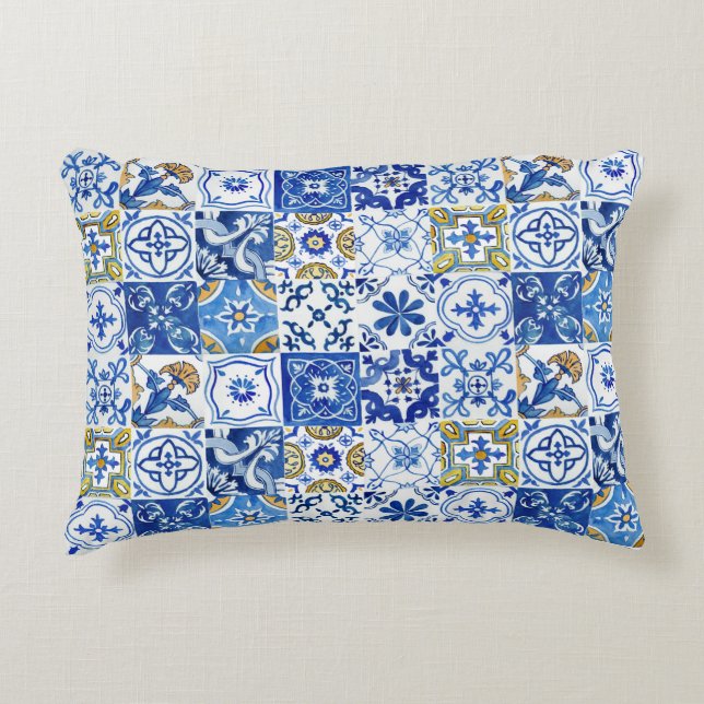 Chic Mediterranean Blue, White & Yellow Pattern Accent Pillow (Front)