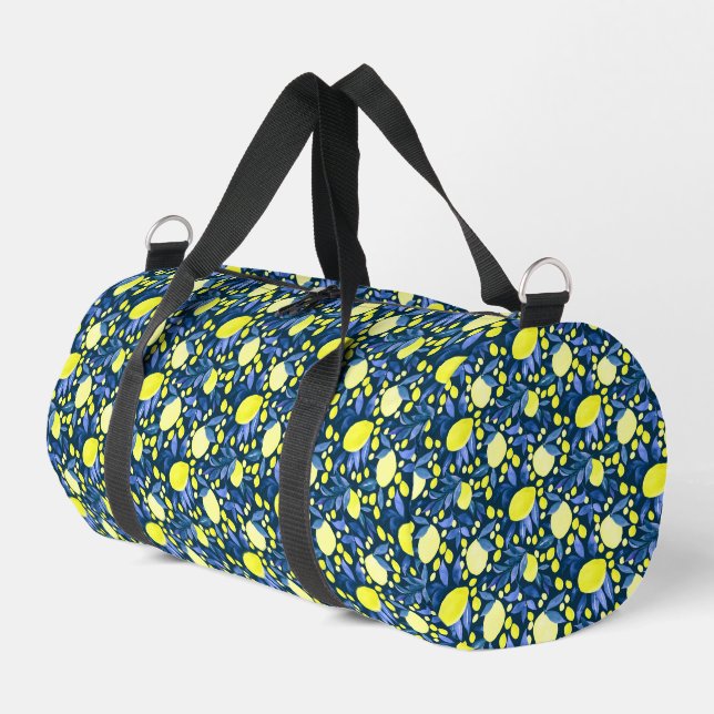Chic Mediterranean Rustic Lemons Blue Leaf Duffle Bag (Left Corner)