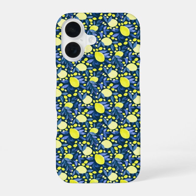 Chic Mediterranean Rustic Lemons Blue Leaf iPhone 16 Case (Back)