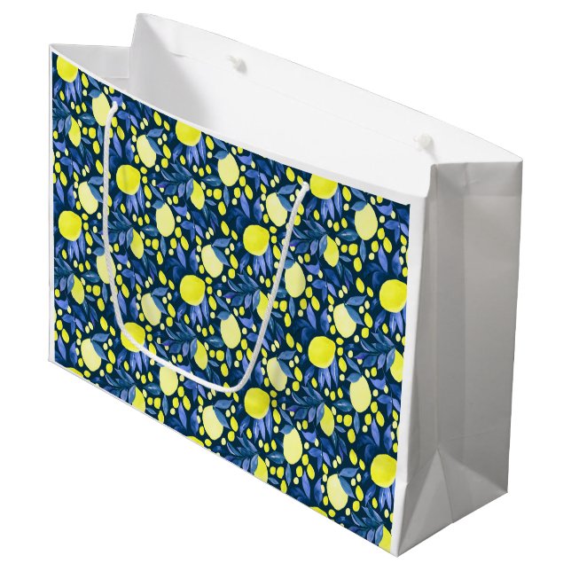 Chic Mediterranean Rustic Lemons Blue Leaf Large Gift Bag (Front Angled)
