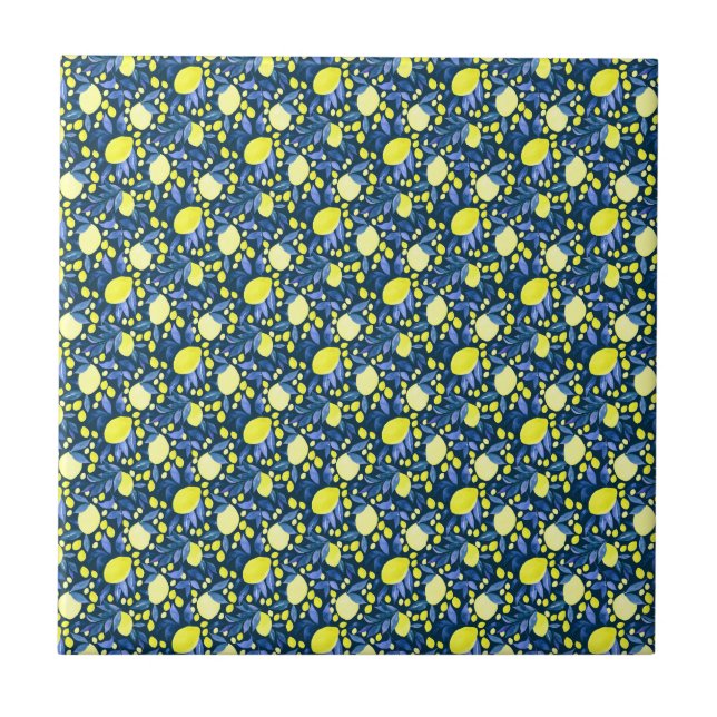 Chic Mediterranean Rustic Lemons Blue Leaf Tile (Front)
