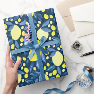 Chic Mediterranean Rustic Lemons Blue Leaf Wrapping Paper