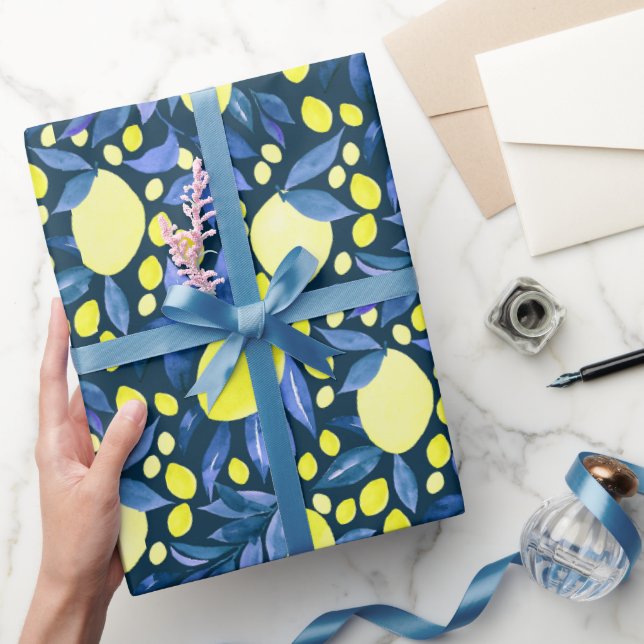 Chic Mediterranean Rustic Lemons Blue Leaf Wrapping Paper (Gifting)