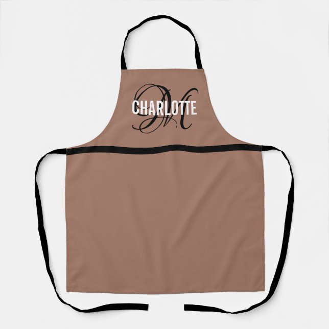 Chic mellow brown monogram name apron (Front)