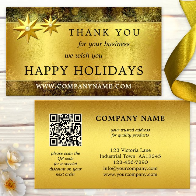 Chic Merci or QR Carte de visite de Noël (Elegant Christmas business card featuring a gold stylized design with stars and your custom QR code)