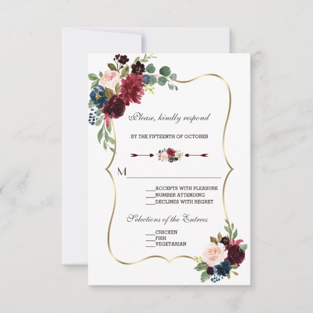 Chic Merlot Bleu Marine Floral Mariage RSVP (Devant)