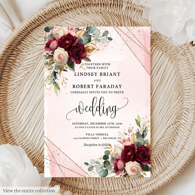 Chic merlot or roux roses faire-part de mariage (Chic merlot blush gold roses wedding invitation

)