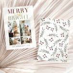 Chic Merry and Bright Four Photo Holiday Card<br><div class="desc">An elegant and chic holiday card featuring a script lettering saying “merry and bright” and four customizable photos at the front with watercolor cherries and leaves pattern at the back. Perfect as a personalized Christmas holiday card to send to your family,  friends and loved ones.</div>