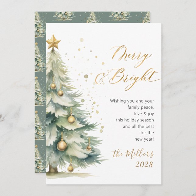 Chic Merry and Bright Gold Script Christmas Tree Holiday Card (Front/Back)
