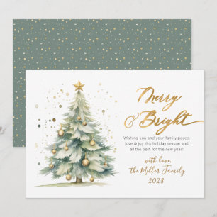 Chic Merry and Bright Gold Script Christmas Tree Holiday Card