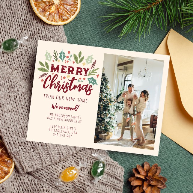 Chic Merry Christmas From New Home Photo Moving Announcement Postcard (Creator Uploaded)