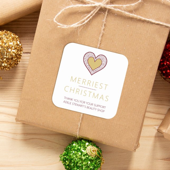 Chic Merry Christmas Gold Heart Lace Effect Thanks Square Sticker (Chic Merry Christmas Fake Golden Heart Lace Effect Thanks Supporting Small Business Square Sticker.)