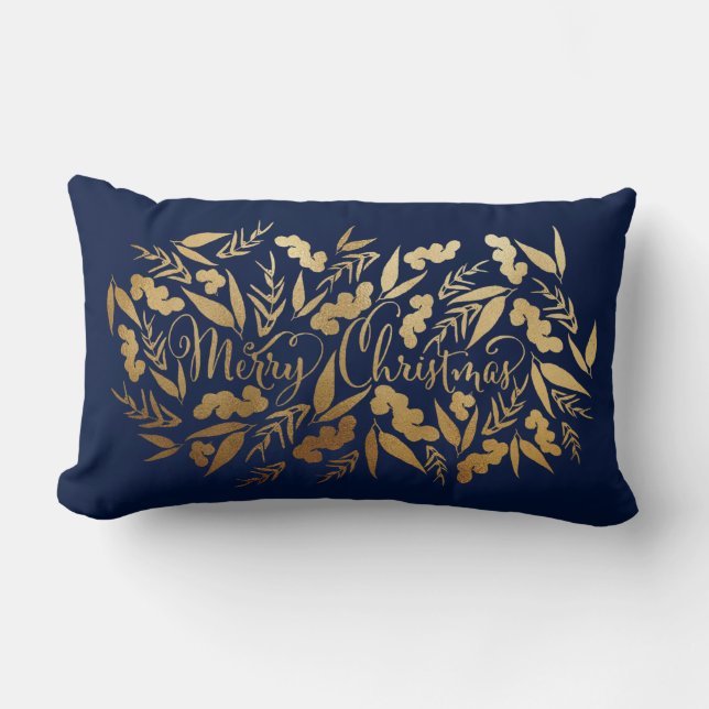 Chic Merry Christmas Gold Navy Blue Eucalyptus Lumbar Pillow (Front)