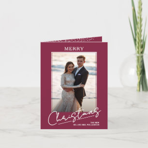 Chic Merry Christmas Script on Cranberry Folded Holiday Card