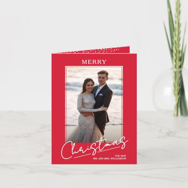 Chic Merry Christmas Script on Red Folded Photo Holiday Card (Front)