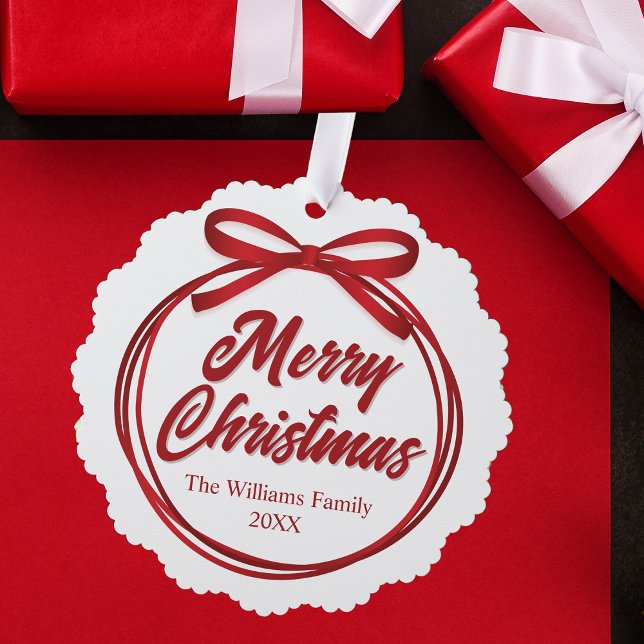 Chic Merry Christmas Script Red Ribbon Bow Custom Ornament Card (Creator Uploaded)