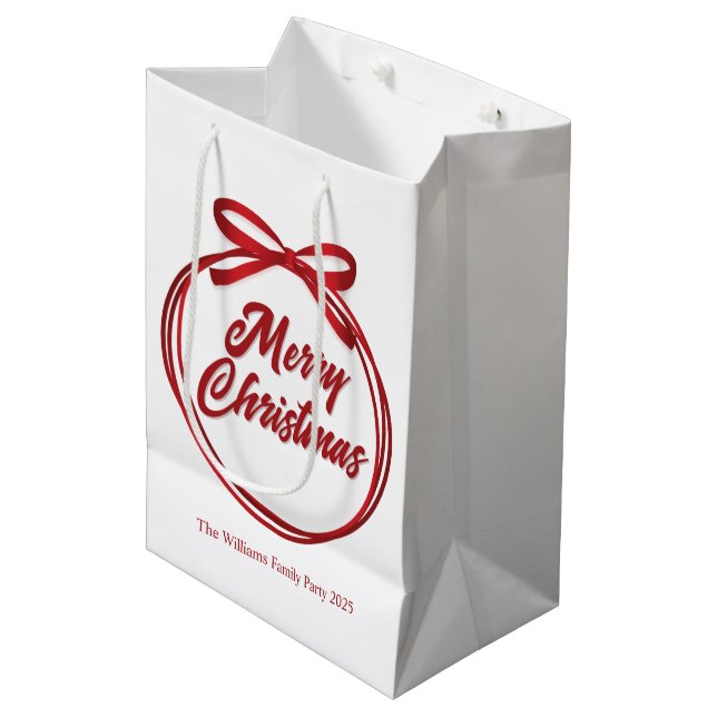 Chic Merry Christmas Script Red Ribbon Bow Medium Gift Bag (Front Angled)