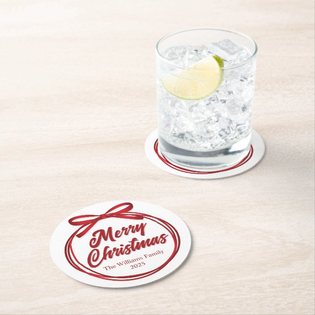 Chic Merry Christmas Script Red Ribbon Bow Party Round Paper Coaster (Insitu)