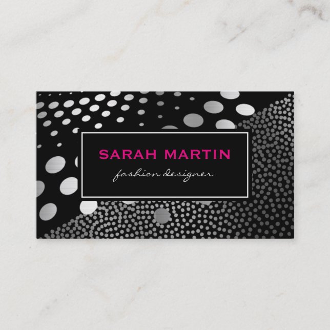 Chic Metallic Dots Pattern Black Label Business Card (Front)