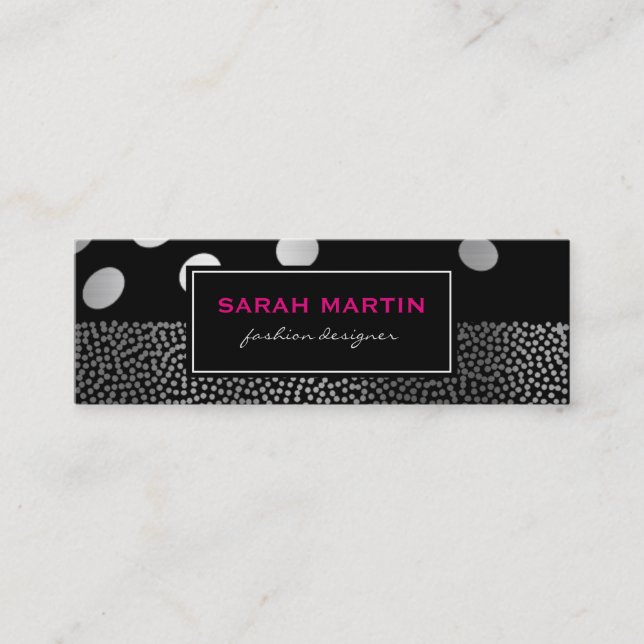 Chic Metallic Dots Pattern Black Label Mini Business Card (Front)